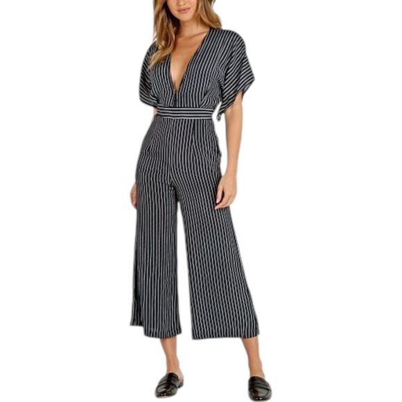 Faithful the Brand Navy Striped Open Back Plunge Cedric Jumpsuit 4 - Picture 1 of 7